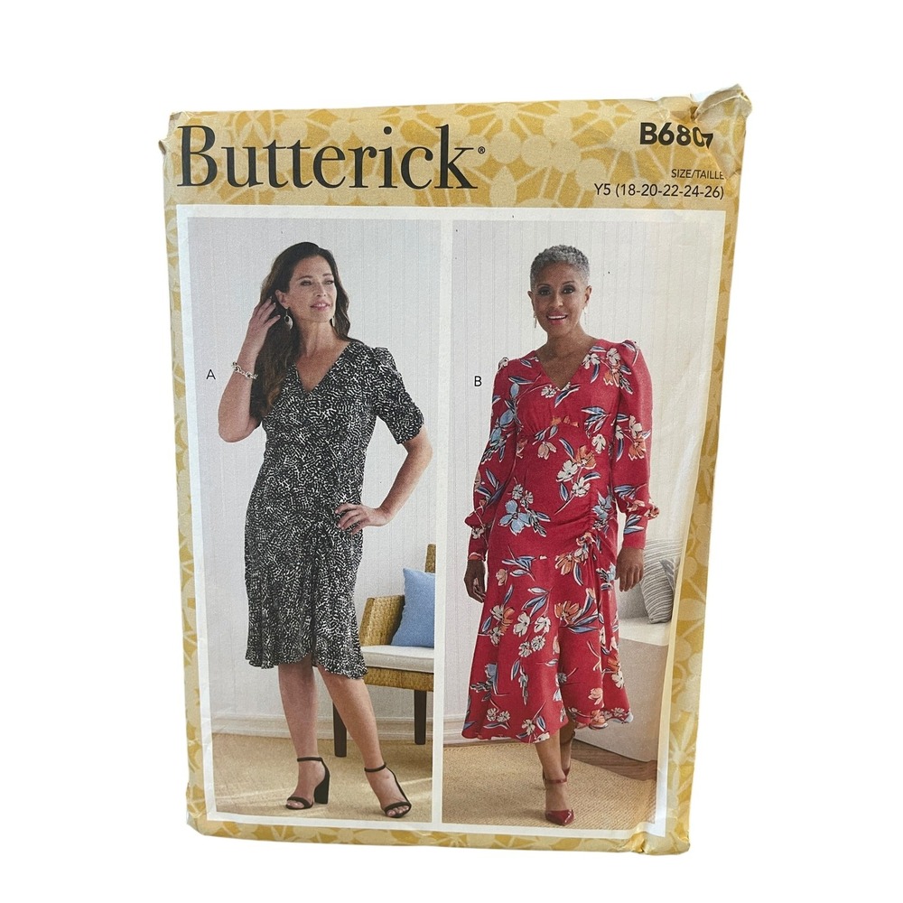 Butterick B6807 Sewing Pattern Misses Size 18-26 V-Neck Ruched Flounce Dress